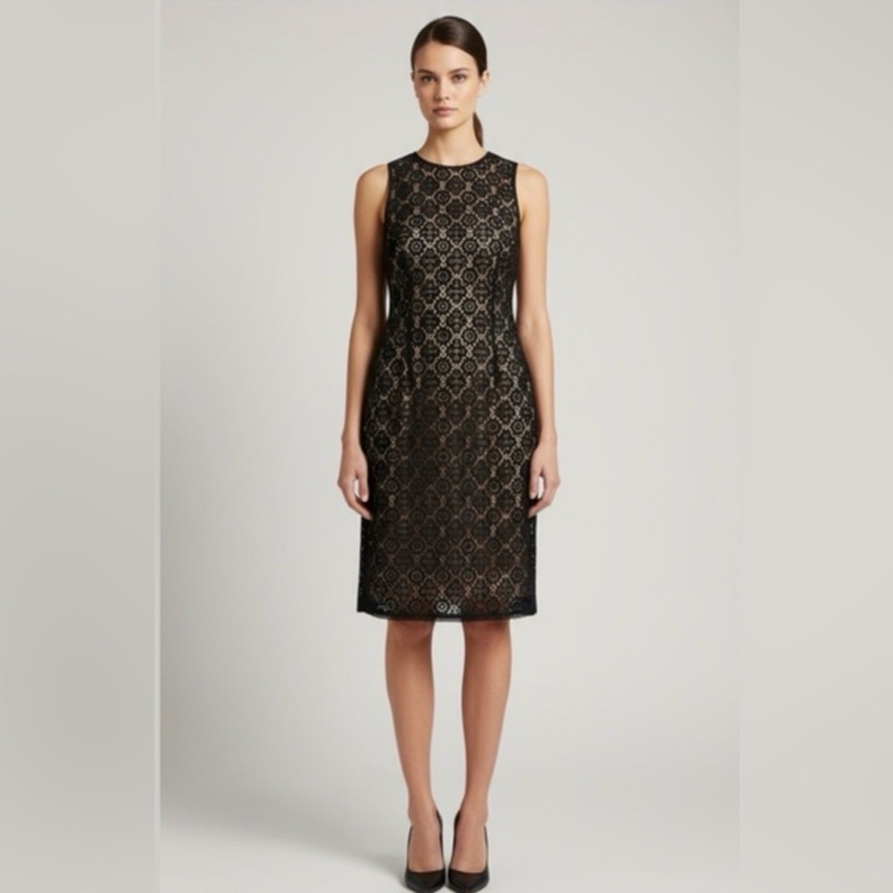 Vince Knee Length Nude Silk and Black Lace Sheath Cocktail Dress Size 10